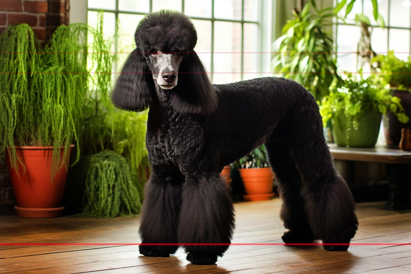 A meticulously groomed black standard poodle stands on a wooden floor against a background of large windows and numerous plants in various pots. The picture-perfect scene highlights the poodle's rounded, voluminous head and precisely cut legs, giving it a poised and elegant appearance.