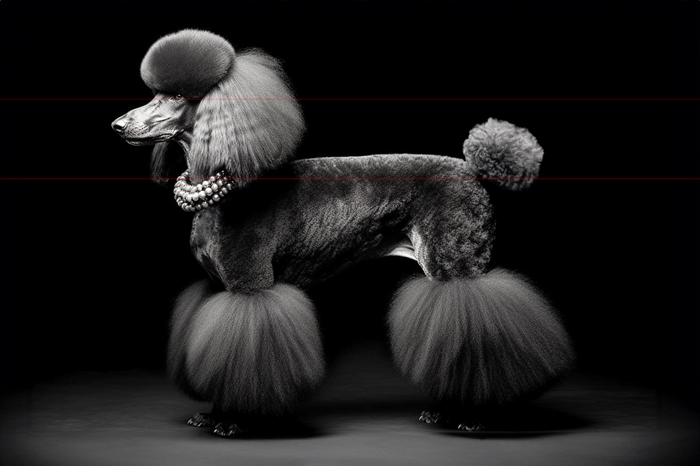 A meticulously groomed standard poodle with an elaborate haircut wearing a large strand of black pearls, stands in profile against a black background. The picture captures the dog with voluminous, fluffy hair on its head, ears, tail, and legs, paired with a closely-trimmed body. The standard poodle exudes elegance and poise, showcasing its stylish and well-groomed appearance.