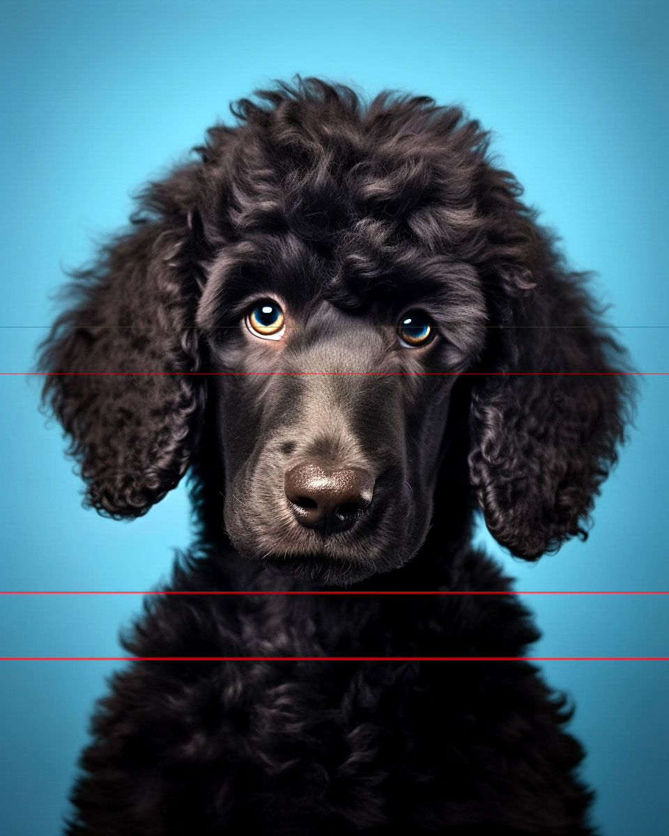 In this picture, a black, curly-haired standard poodle puppy stares directly into the viewer with large, expressive eyes. The bright blue background makes the puppy's fur and features stand out prominently. Its ears hang down the sides of its face, adding to its adorable appearance.