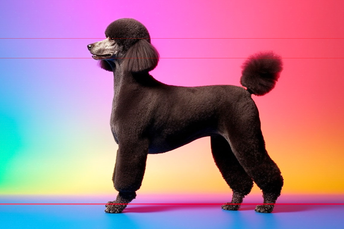 A meticulously groomed black standard poodle stands in profile against a vibrant, colorful background blending pink, orange, and teal hues. In this stunning picture, the poodle's fur is styled with a pom-pom tail, rounded head, and legs, displaying a classic show cut. The dog's posture is elegant and poised against the rainbow background.