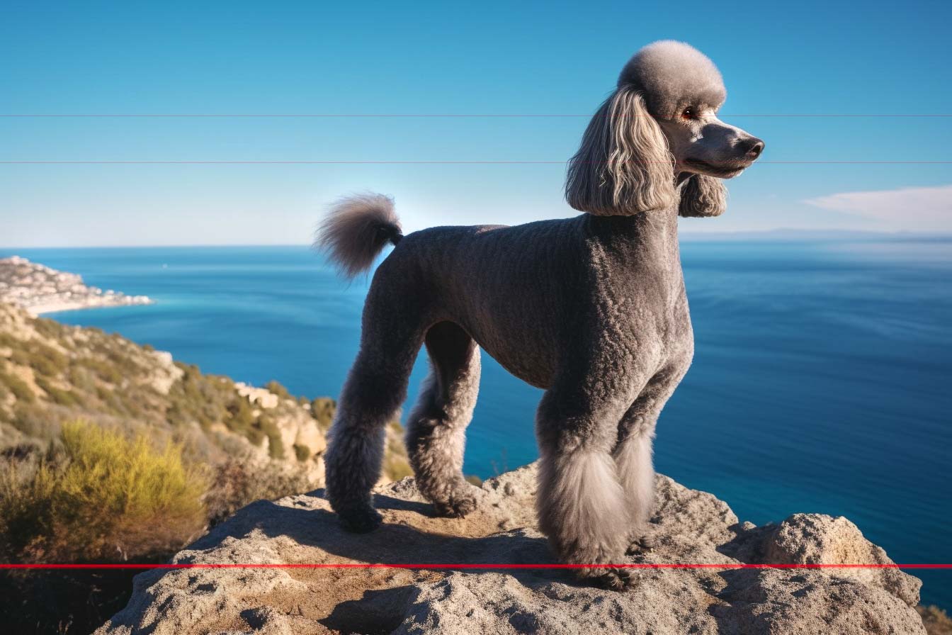 A neatly groomed standard poodle stands proudly on a large rock, overlooking a scenic ocean view. The dog has a fluffy tail and legs, with a closely trimmed body and head. This picture captures green vegetation and rocky coastline areas, with blue waters stretching out under a clear, bright sky of Corsica, France.