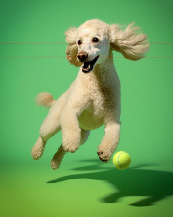 A picture captures a white standard poodle caught mid-air in an action jump, its fur flowing and ears flapping. The dog joyfully leaps towards a yellow tennis ball on a bright green background. Shadows of the standard poodle and ball are visible on the ground, adding depth and motion to the image.