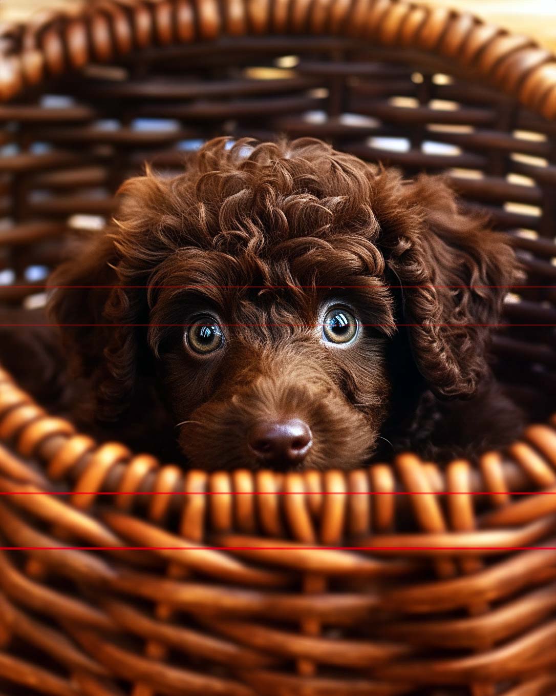 A small, curly-haired brown standard poodle puppy with large, expressive eyes peeks out from inside a woven basket. The puppy's face is framed by the basket's rim, and the basket's texture of interlaced wooden strips is clearly visible in the picture. Warm lighting highlights the puppy's soft fur and curious expression.