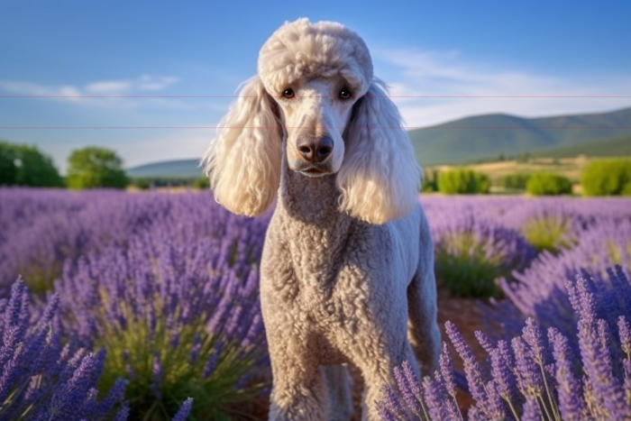 A gray standard poodle with curly fur stands in a blooming field, looking directly at the viewer. The vibrant purple lavender plants contrast beautifully with the blue sky and green hills in the background, creating a picture-perfect scene. The poodle's well-groomed coat highlights its elegant appearance as it stands in the famous lavender fields of Provence, France.