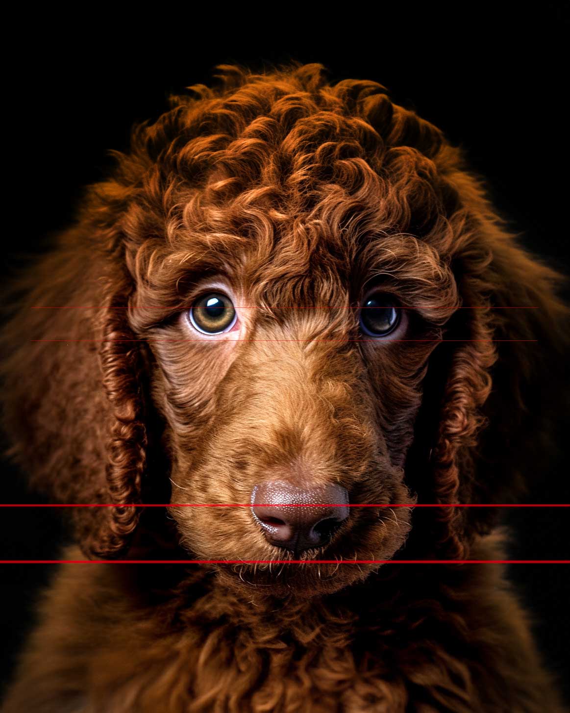 A picture of a standard poodle puppy with rich, dark red-brown curly fur. The puppy has large, expressive eyes looking directly at the viewer. The background is black, which accentuates the puppy's fur and bright eyes.