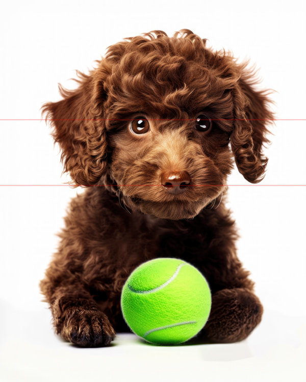 A picture captures a fluffy brown standard poodle puppy with curly fur and large, expressive eyes sitting against a white background. The curious little pup gazes directly at the viewer while a bright green tennis ball rests in front of it.