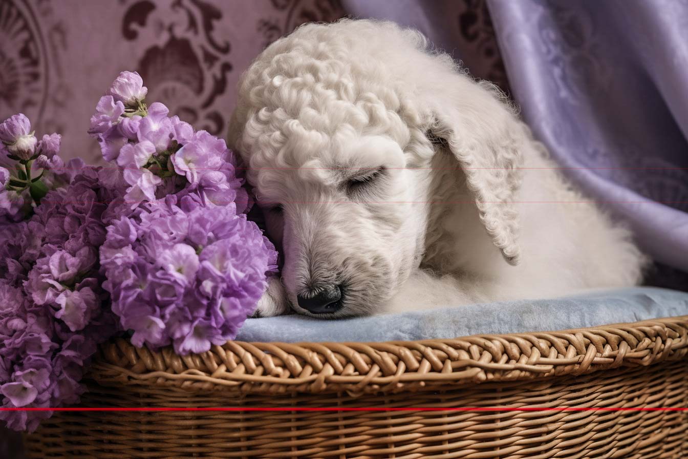 A small, fluffy white standard poodle puppy is sleeping peacefully in a wicker basket lined with a soft blue blanket. The puppy snuggles next to a bunch of vibrant purple flowers. The background features a purple and white patterned curtain, adding to the cozy and serene atmosphere of the picture.