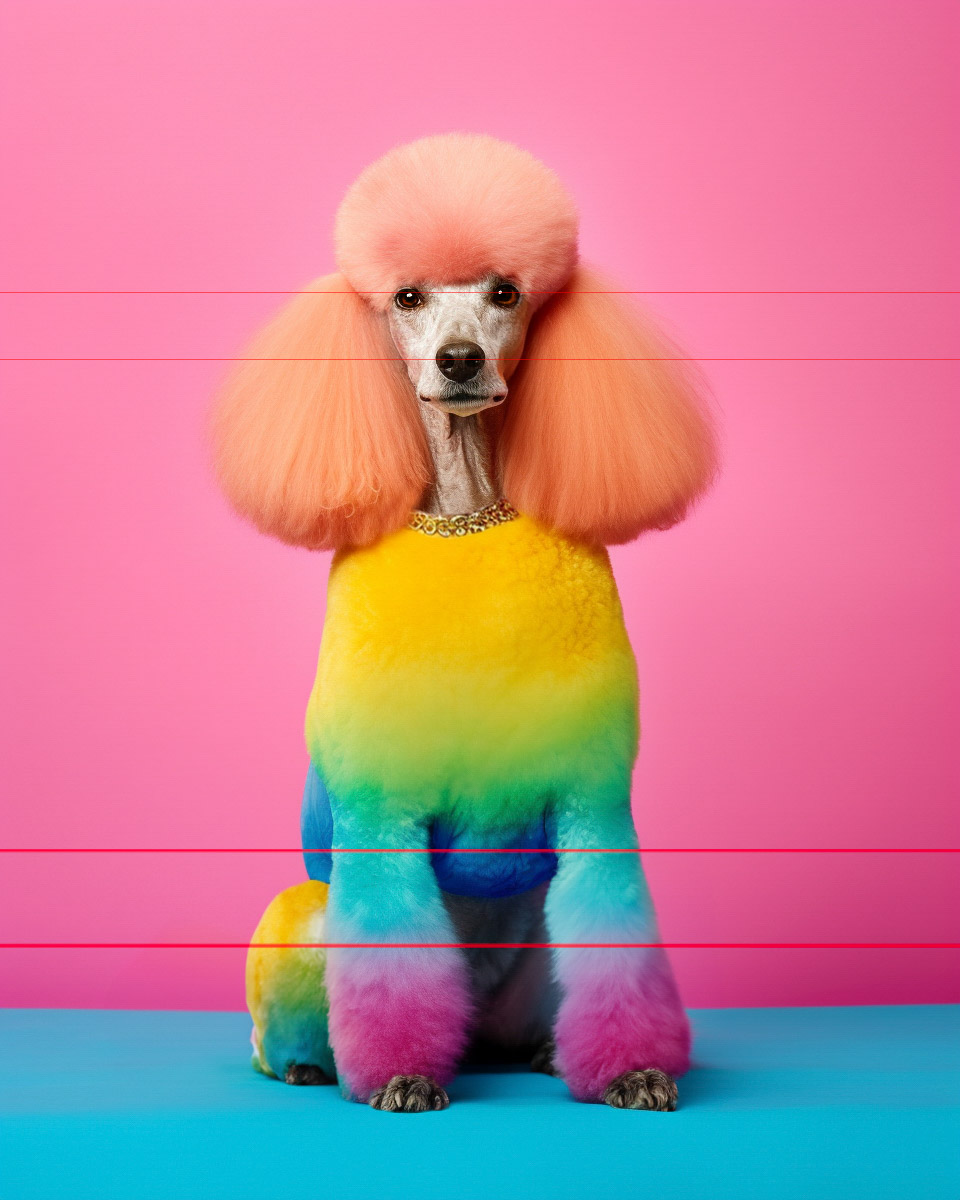 A picture captures a standard poodle sitting against a vibrant pink background. The dog has a fluffy, rounded haircut on its head and ears, which are dyed peach. Its body fur showcases a stunning rainbow gradient, starting with yellow on the back, blending into green, blue, and ending with pink on the legs in this expert creative show groom.