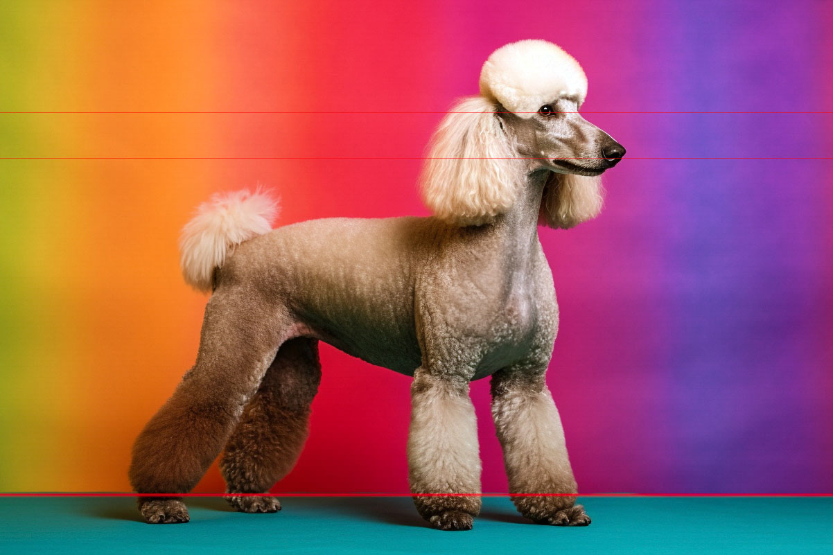 A groomed standard poodle stands on a turquoise surface against a vibrant rainbow gradient background with shades of red, orange, yellow, purple, and blue. The poodle, as seen in the picture, has a meticulously styled coat with a fluffy head, ears, tail, and legs while its body is closely trimmed.