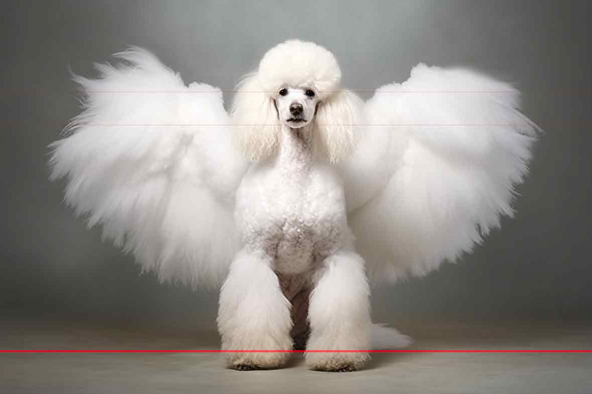 This piece of art is a photograph featuring a meticulously groomed white poodle with large, fluffy angelic wings. The lighting is subtle, highlighting the soft texture of the fur and creating a serene and ethereal effect. The background is a simple, gradient gray which places full emphasis on the poodle, enhancing the whimsical and otherworldly feel of the image.