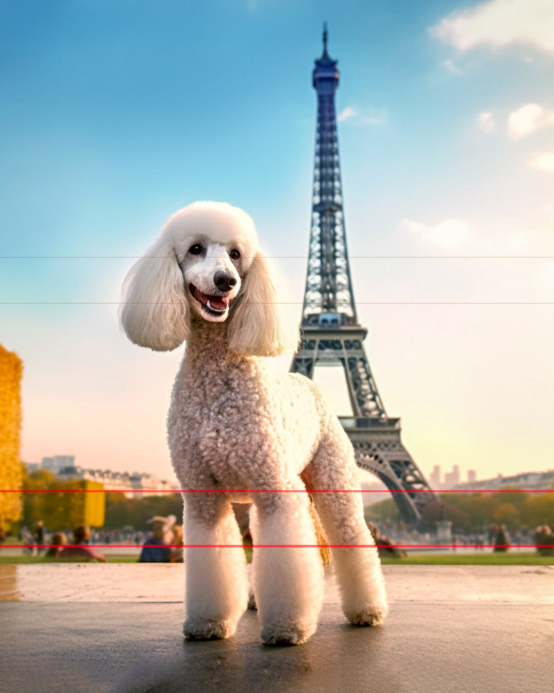 A picture of a well-groomed white standard poodle standing proudly with the Eiffel Tower in the background. A clear sky and warm sunlight highlight the dog's fluffy coat.