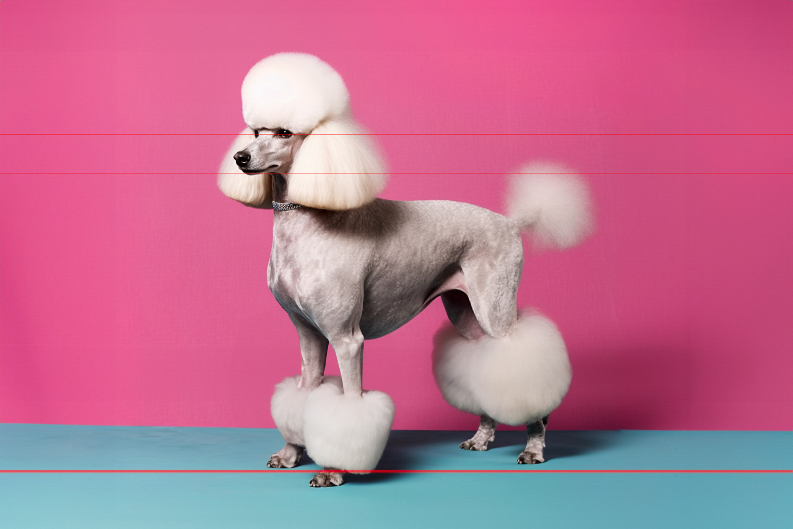 A picture of a gray standard poodle with a stylish, fluffy haircut stands against a studio setup with shocking pink wall and baby blue floor. The dog has large rounded fur on its legs, tail, and head, contrasting with a closely trimmed body.