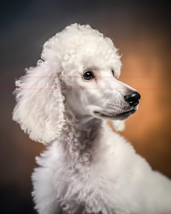 A close-up profile picture of a white standard poodle with curly fur against a blurred, gradient background. The poodle's gray eyes and snout are in sharp focus, while its delicate fur contrasts sharply with the softly lit backdrop. The dog's expressive face is calm and poised.