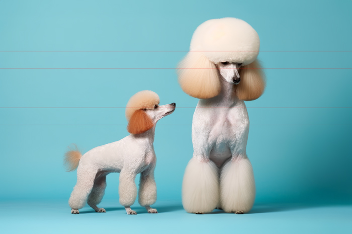 An artwork featuring two meticulously groomed poodles set against a uniform light blue background. The larger poodle on the right showcases a voluminous, rounded haircut on its head and legs, creating a fluffy appearance. In contrast, the smaller poodle on the left exhibits a similar grooming style. In profile, it looks up to the standard white poodle, face front, communicating its submission and anticipation non-verbally.