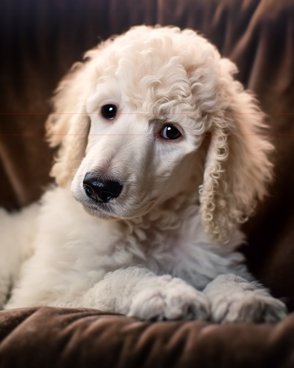 A close-up picture of a white standard poodle puppy with curly fur. Its head is tilted slightly to the right, and it gazes at the viewer with large, expressive eyes. The background is a blurred brown fabric, making the puppy the focal point of the image.