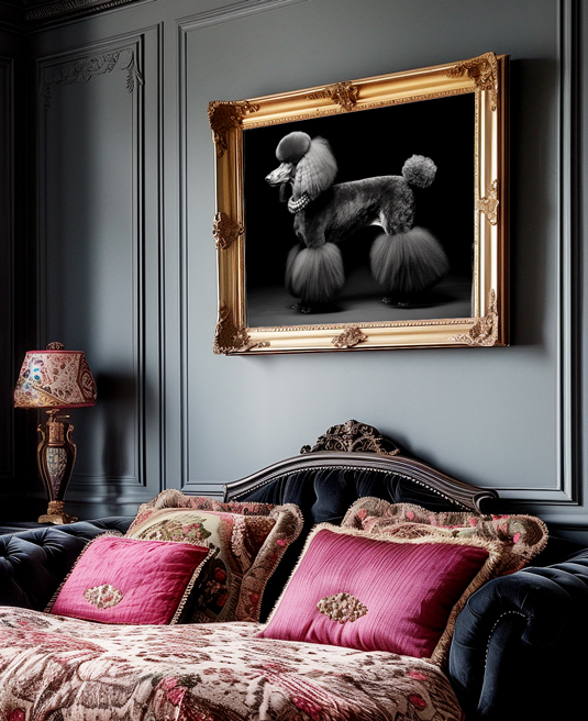 A cozy living room features a beige sofa with turquoise pillows, a teal coffee table with a bowl and book, and two potted plants. Reflecting a vibrant mid-century modern lifestyle, large framed artwork of a Labrador Retriever against an orange and pink gradient background hangs on the wall above the sofa.