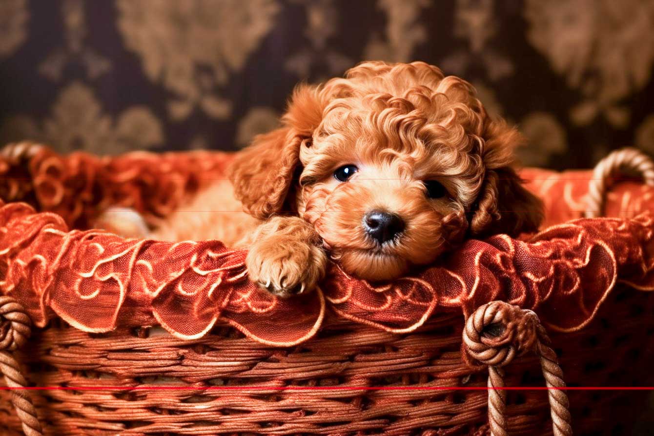 Toy Poodle art prints on paper & canvas at k9 Gallery of Art. Delightful, detailed & humorous high-quality photorealistic original images.  Explore our exhibits today!