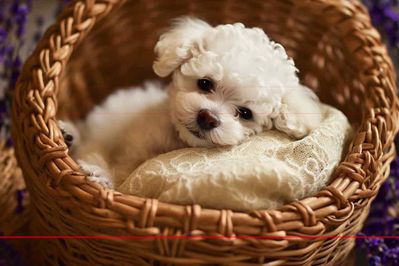White Toy Poodle Puppy in Basket, French Lace & Lavender