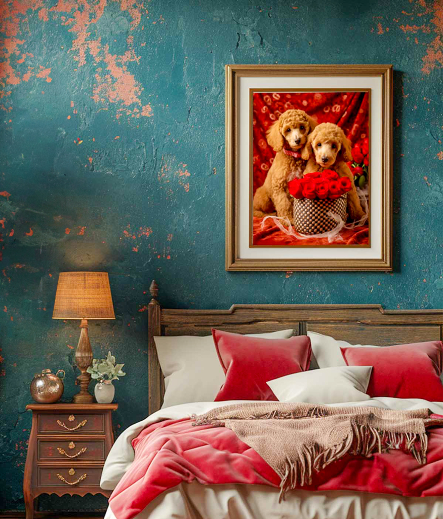 A cozy bedroom features a blue textured wall with a framed picture of two dogs surrounded by red flowers above a wooden bed. The bed boasts red and white bedding with pillows and a throw. A bedside table holds a lamp and vase with roses, while a large bouquet of red roses adorns the left side.