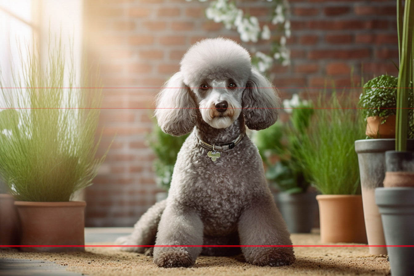 A silver toy poodle with a stylish haircut and a pet collar, sits on a sandy surface, surrounded by potted green plants, with a brick wall in the background lit by warm sunlight.