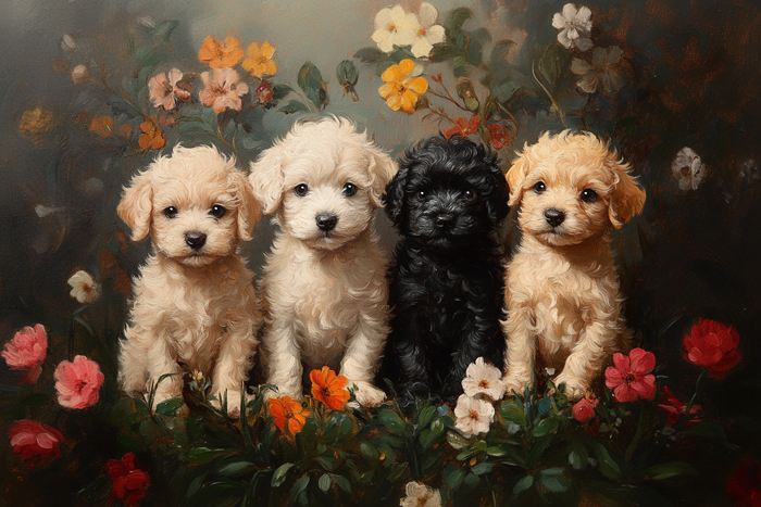 Four adorable poodle toy puppies sit together surrounded by a lush array of colorful flowers evoking a sense of nostalgia and warmth in a vintage style.