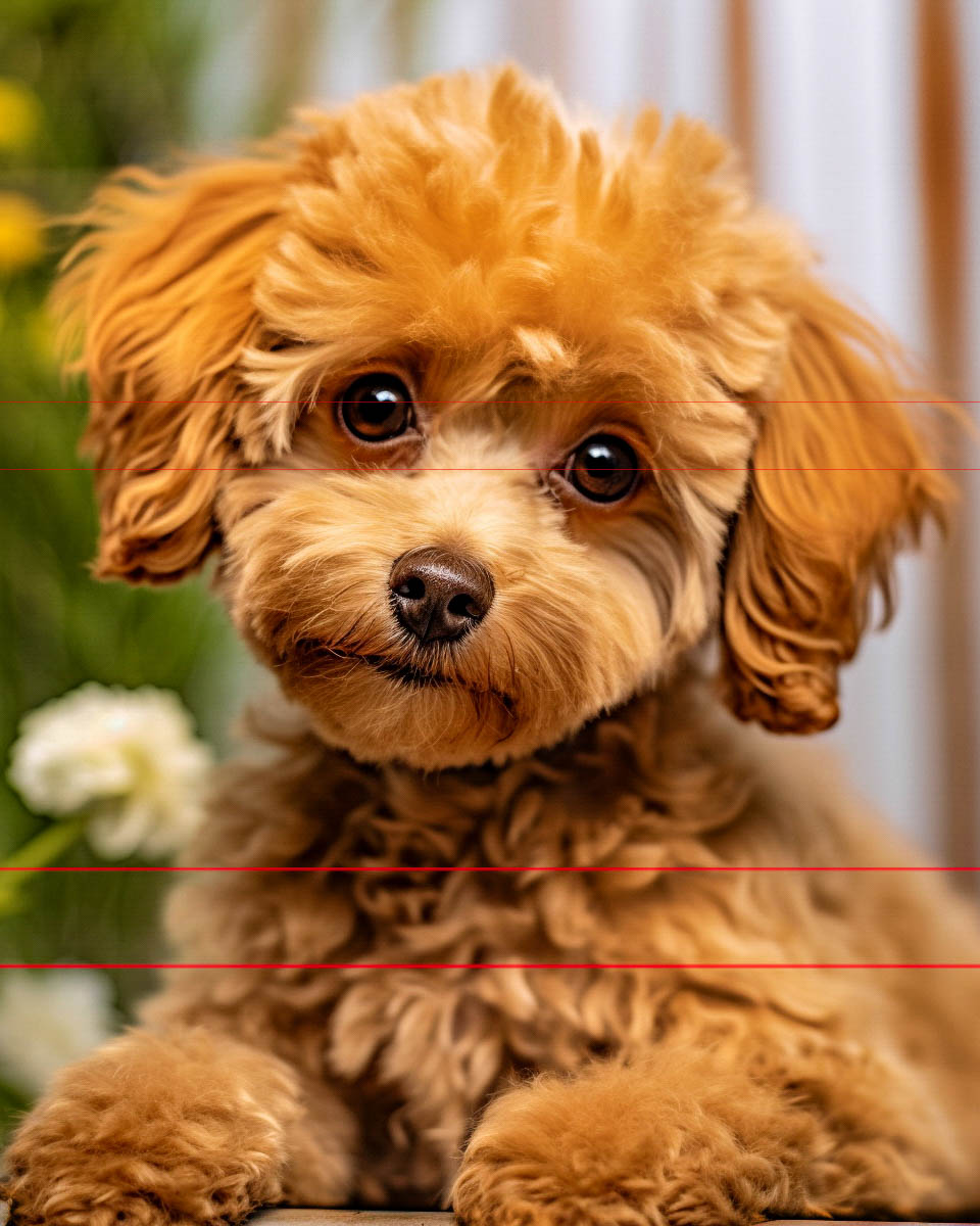 A small, curly-haired apricot poodle tilts its head slightly to the left. Its large, dark eyes gaze directly at the camera, perfectly capturing the essence of this adorable puppy picture. The background is blurred with hints of green and white, possibly flowers or plants, providing a soft and natural setting.