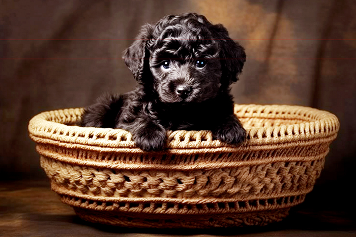 A fluffy black toy-poodle puppy sits inside a large oval intricately woven basket, looking directly at the viewer. The background is a soft, dark brown fabric, enhancing the puppy's shiny coat and bright eyes.