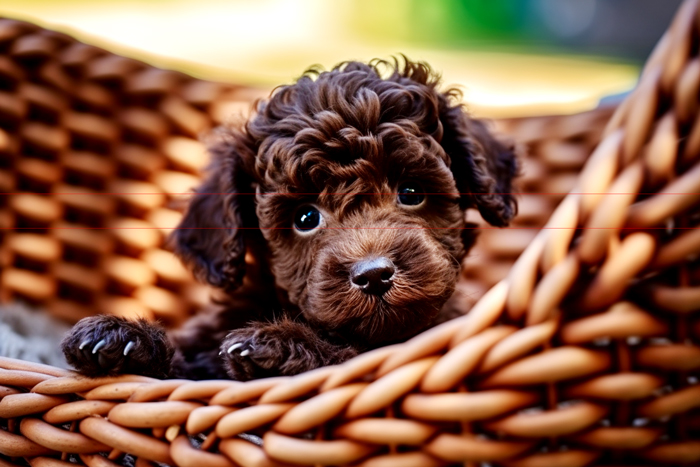 A small brown curly-haired puppy with big, expressive eyes lies in a wicker basket. The toy poodle's front paws rest over the edge of the basket, and it gazes directly at the viewer.