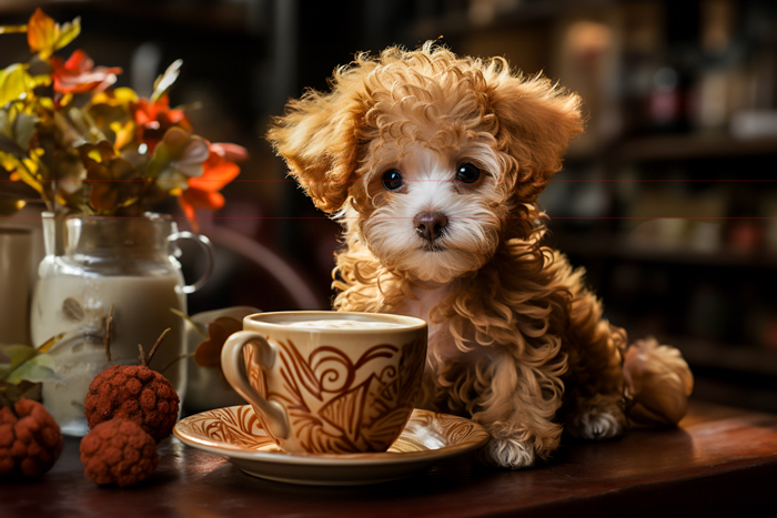 A fluffy, curly-haired apricot toy poodle puppy sits beside a decorative cup of cafe-au-lait on a wooden table, surrounded by warm and cozy decorations. The puppy is in sharp focus with an adorable expression and little button eyes and nose of brown in this charming picture.