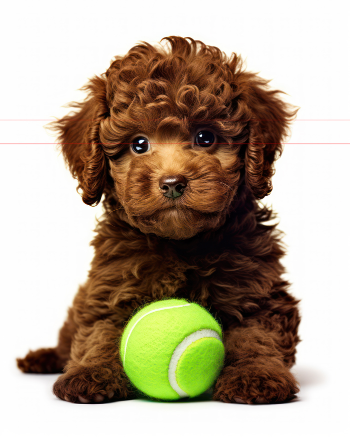 A joyful brown toy poodle puppy in mid-air, ears and curls bouncing, looking straight at the viewer with wide eyes and an open mouth, holding a bright green tennis ball, against a pure white backdrop.