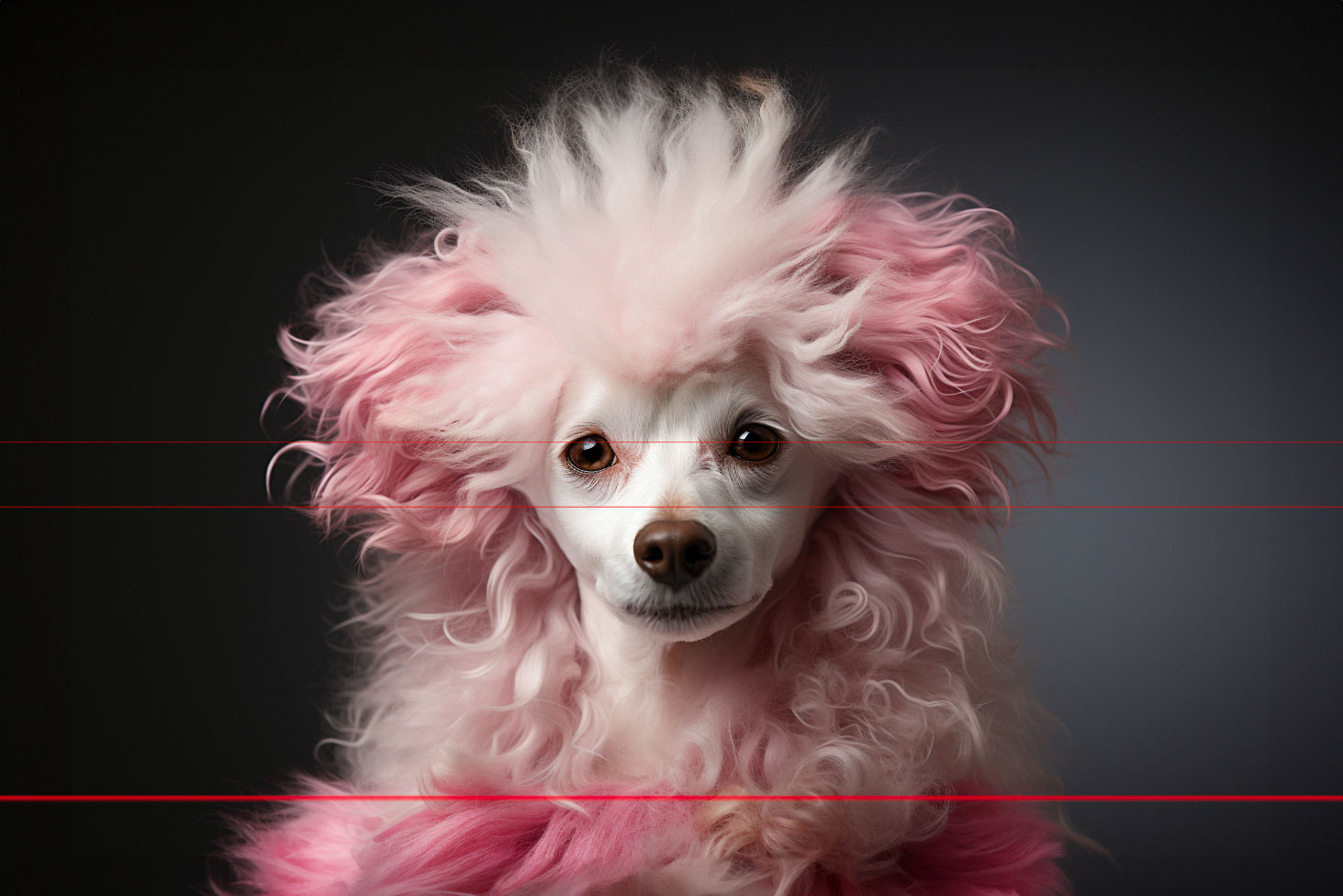 A portrait of a white toy-poodle with extravagantly styled pink-dyed punk fur. Great whimsy is portrayed with the dogs wild and crazy hairdo yet serious expression. The sharp focus is on the eyes against a soft gray background.