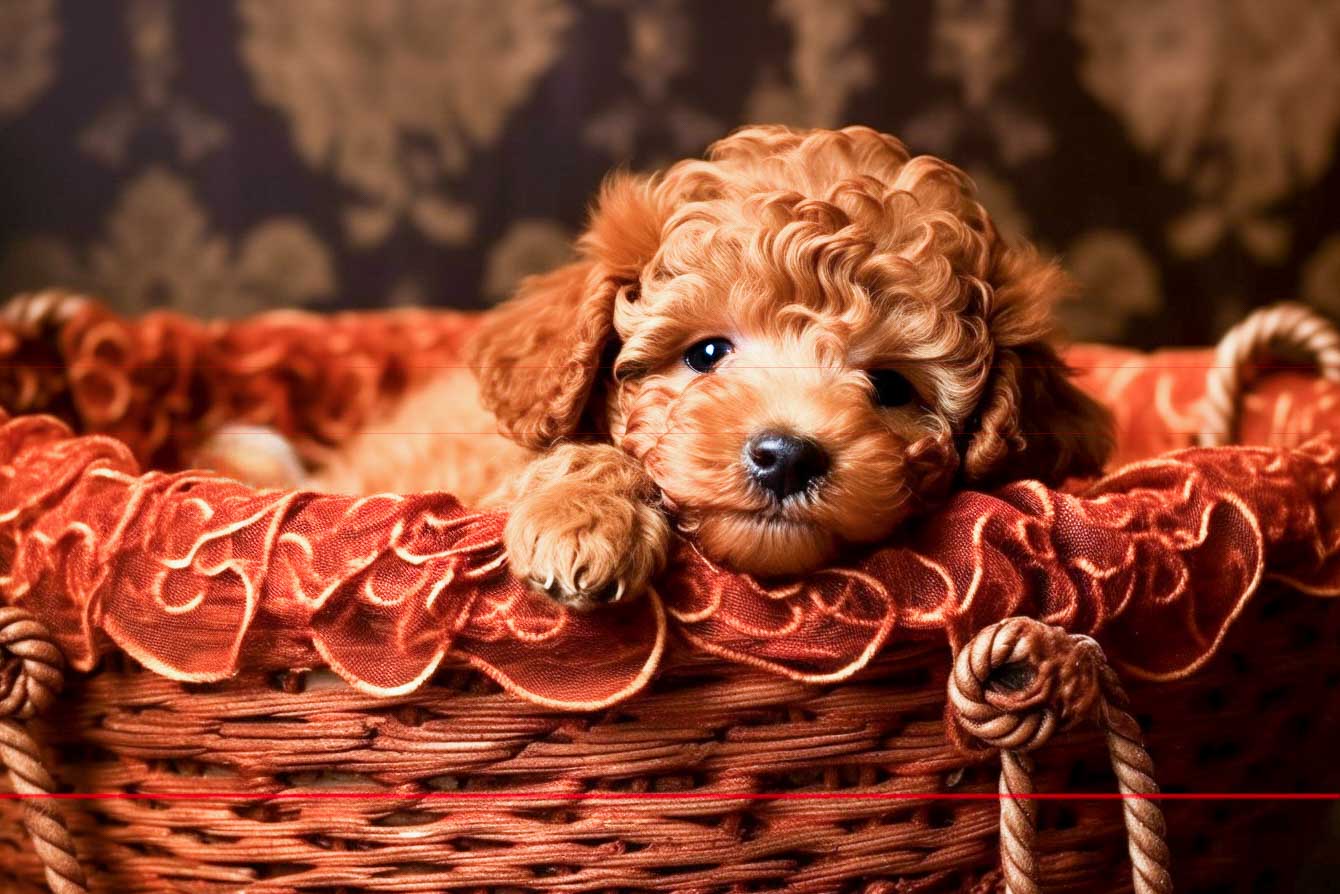 A fluffy, apricot-colored toy poodle puppy peeks out from a decorative wicker basket with a plush, ruffled orange lining, against a soft, blurred patterned wallpaper of dark burgandy and ivory. The puppy's direct stare is inviting