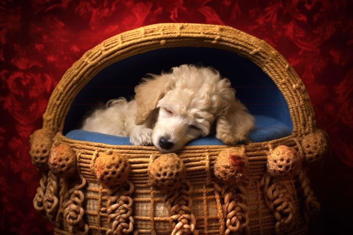 A tiny cream colored toy poodle puppy is asleep in a woven wicker basket with a curved hood. The basket, captured perfectly in the picture, is decorated with intricate patterns and large woven knots. The puppy is resting on a blue cushion, and the background is a rich red fabric with a subtle floral pattern.