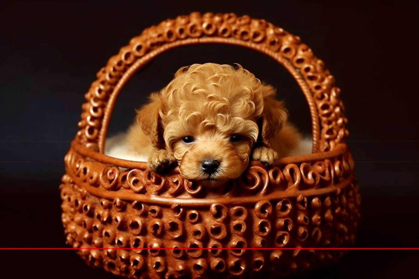 Toy poodle with light apricot fur peeks over the edge of basket featuring detailed, swirly patterns. Tiny puppy looks down with a gentle expression against a black background.