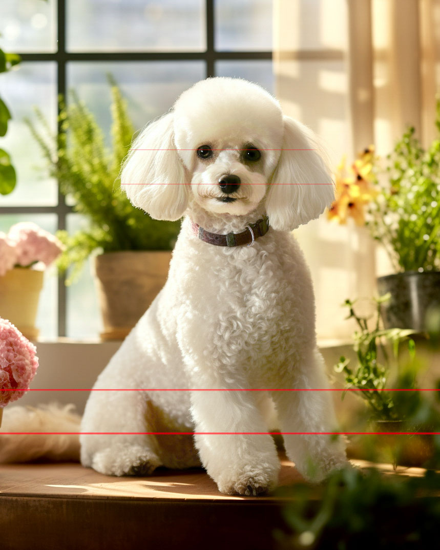 A white poodle with fluffy fur and a trimmed face is sitting on a wooden table. The background picture includes a large window with sunlight streaming through, illuminating various green plants and blooming flowers in pots. The poodle wears a dark collar and looks directly at the camera with a content expression.