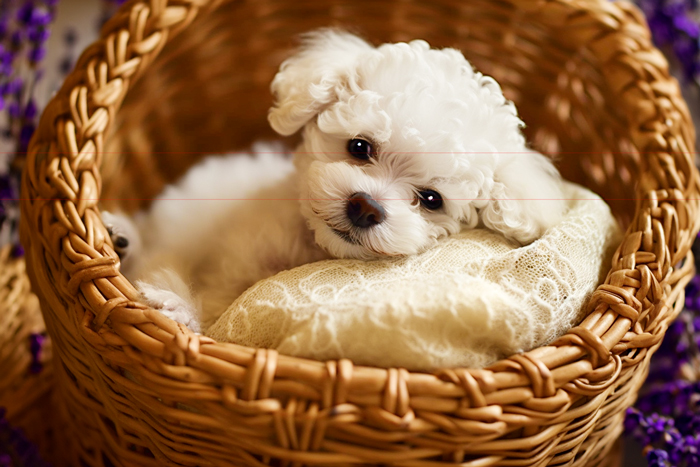 A small white curly-haired toy poodle rests inside a round wicker basket with a soft cream lace pillow, looking directly at the viewer with gentle eyes. Blurred in the background are purple flowers of Lavender.