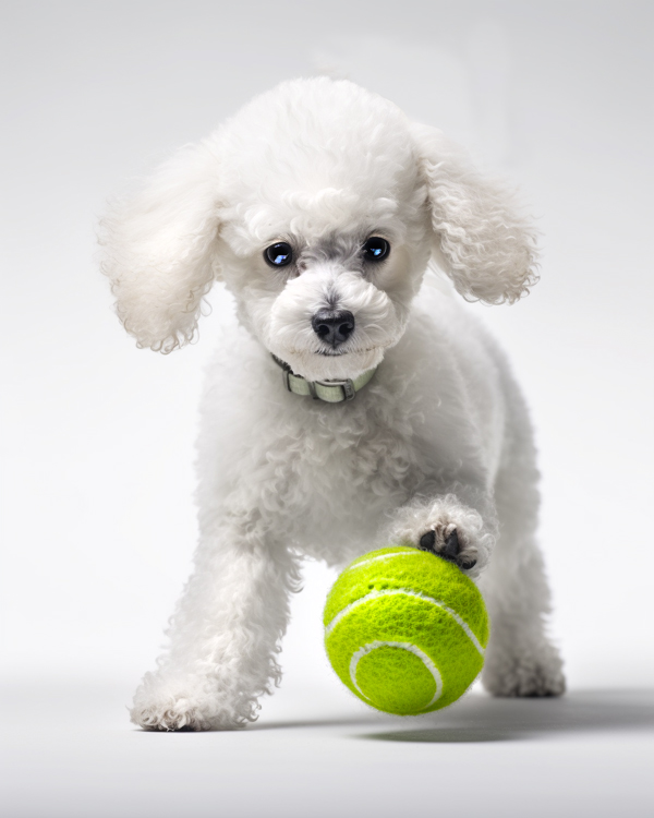 A fluffy white poodle puppy with curly white fur, playfully jumping and bouncing a green tennis ball with its paw. The picture has a white background, with its adorable quizzical expression the center of attention.