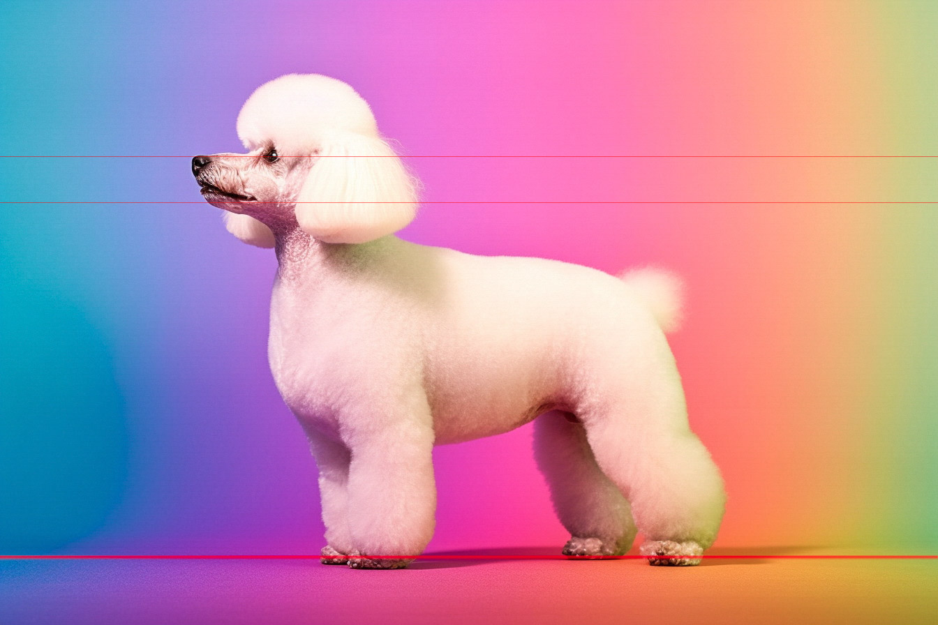 A white toy poodle with a full puffy stylish haircut stands in profile against a gradient background of blue, pink, and orange colors in a rainbow of pride colors.