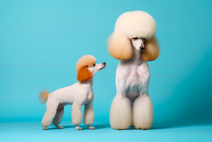 Two poodles against a turquoise background, one small toy-poodle with a tan fluffy topknot looking up at a larger white poodle with a stylish pompadour and fluffy ankle socks. A wonderful depiction of communication through their body language.