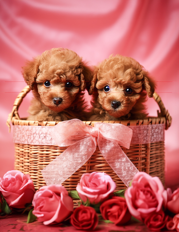 Two fluffy apricot poodles, sitting closely on a red velvet surface, and are in front of a textured red curtain. In this romantic scene, they are accompanied by a woven basket filled with vibrant red roses.