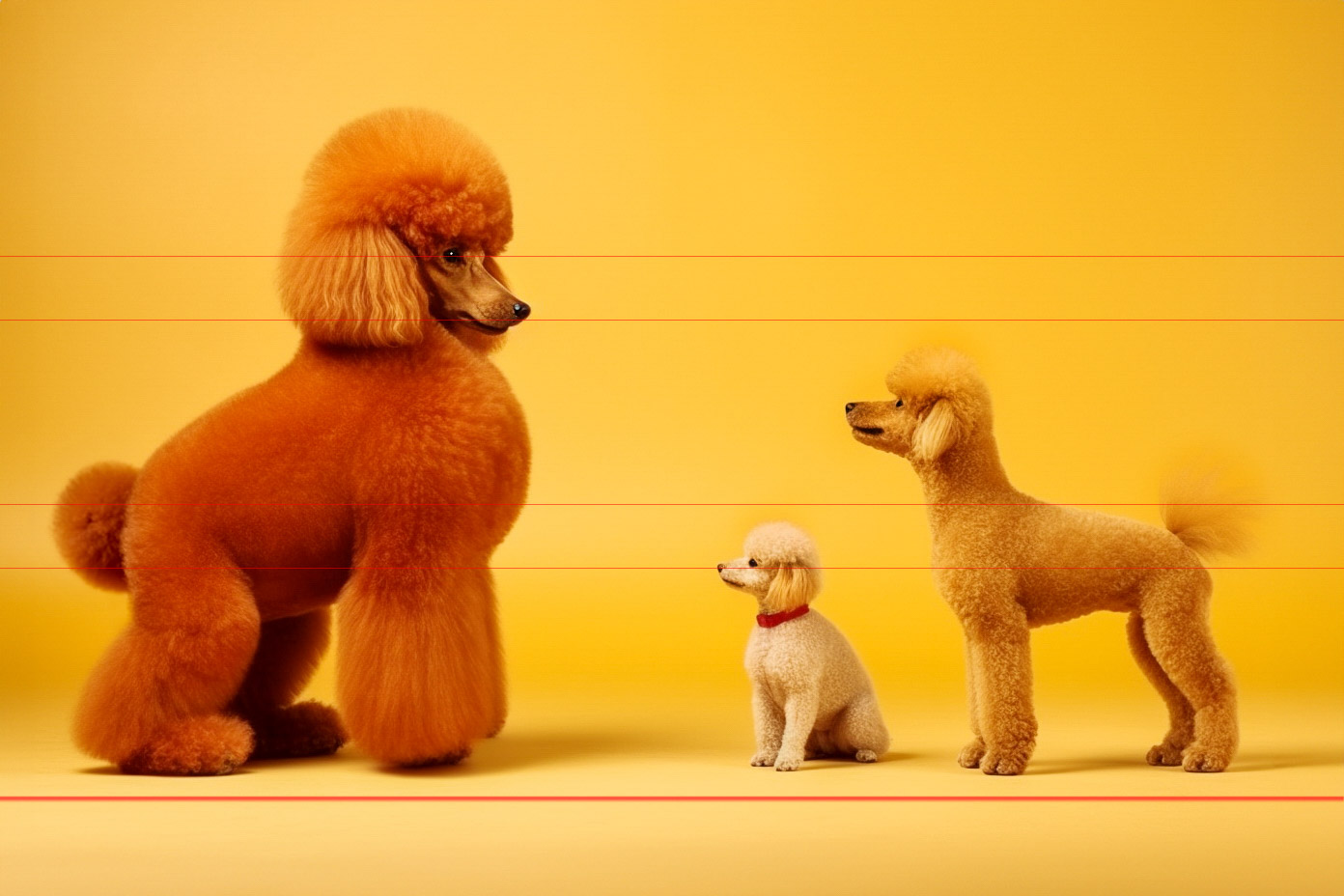 Three apricot poodles of varying sizes and color intensity, each with a stylish haircut, stand in a row against a yellow background. The standard looks down with a playful expression at the other two dogs, while they all seem to be communicating non-verbally in a calm and playful manner.