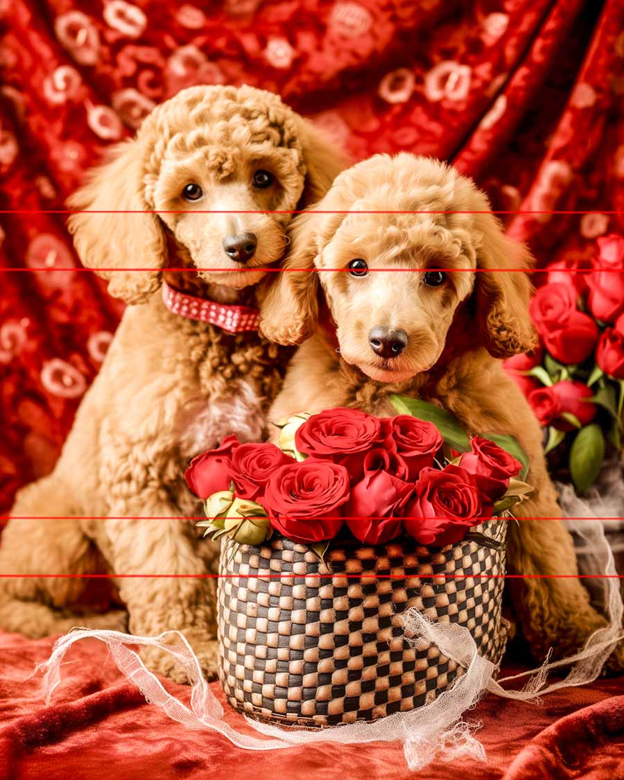 2 Standard Poodle red puppies side by side with woven basket filled with red roses in front and red rose patterned curtain in back for a valentine look