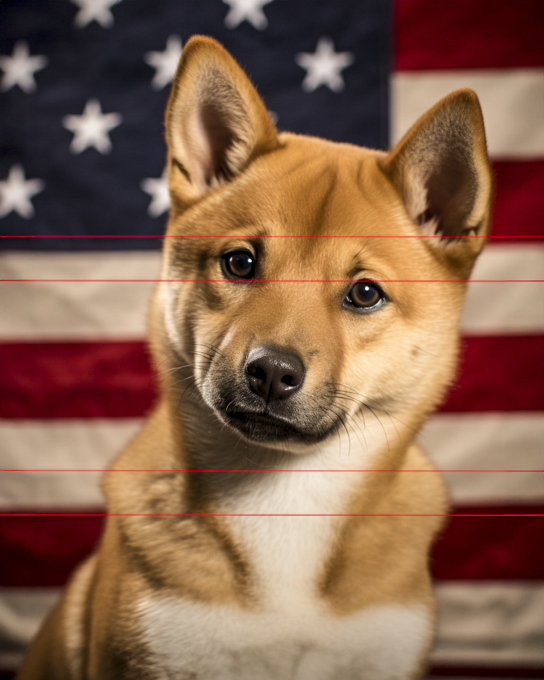 Close-up photo of a tan akita inu dog with a black nose and bright eyes, sitting in front of an american flag background. the flag's stars and stripes are depicted in a blurred focus.