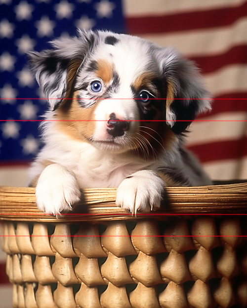 A picture of an Australian Shepherd puppy sits up in a unique wicker basket in front of the American flag.