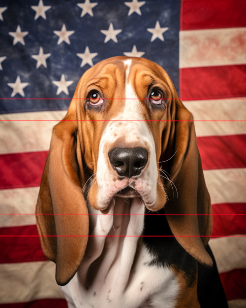 A picture of a basset hound with large soulful eyes poses in front of an american flag, showcasing its distinctive long droopy ears, saggy facial skin, and it's iconic precious expression, the flag provides a patriotic backdrop with its stars and stripes.