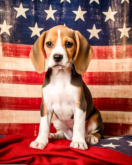 A beagle puppy sits on a red surface in front of a vintage american flag background. the puppy has a white, brown, and black coat, large floppy ears, and expressive eyes.