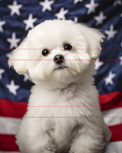 A picture of a white fluffy Bichon Frise with classic round faced groom and black eyes and nose, sits in front of an american flag, looking directly at the viewer with an attentive expression. The flag's stars and stripes make a bold background.