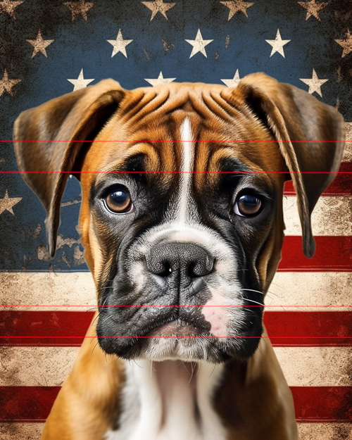 A close-up portrait of a young boxer dog with expressive eyes set against a backdrop of a vintage american flag with stars and stripes in red, white, and blue.