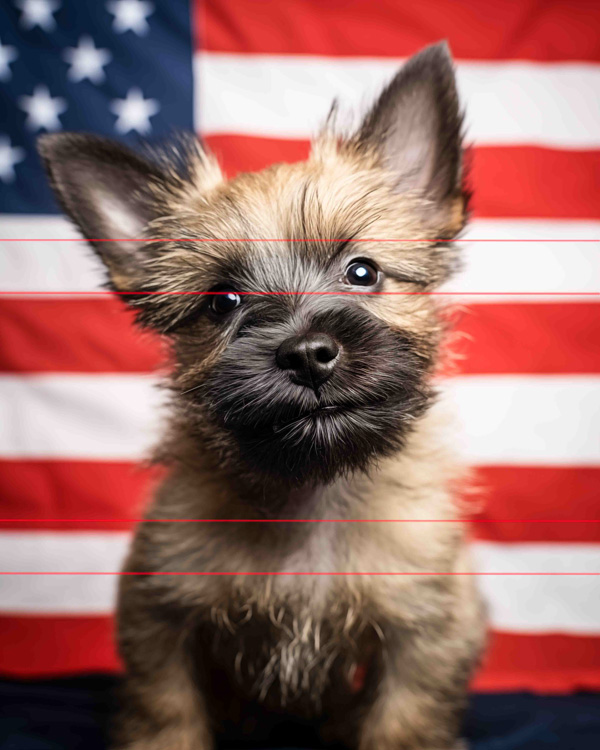 A picture of a Cairn terrier dog with a little smile in its black mask, features pointy ears and a little dark snout, is portrayed in front of a blurred american flag background with the focus is on the dog's expressive face and textured fur.