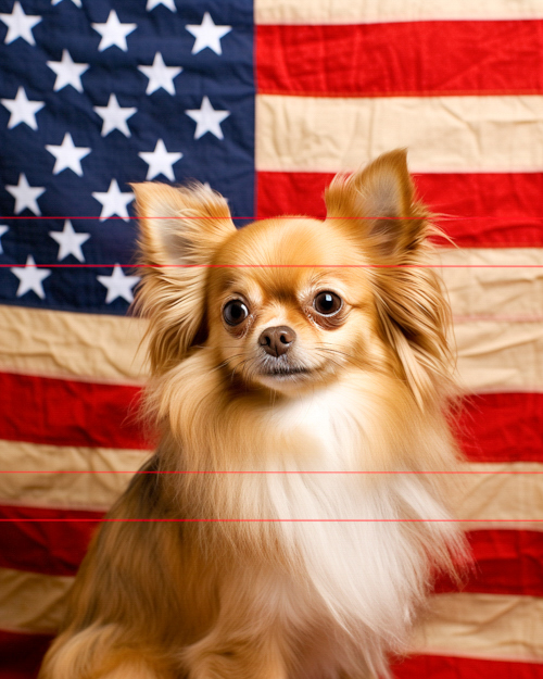 A long-haired chihuahua in front of an american flag draped as a backdrop. the dog has golden fur, attentive large eyes, and its ears perked up, giving it a curious and alert expression.
